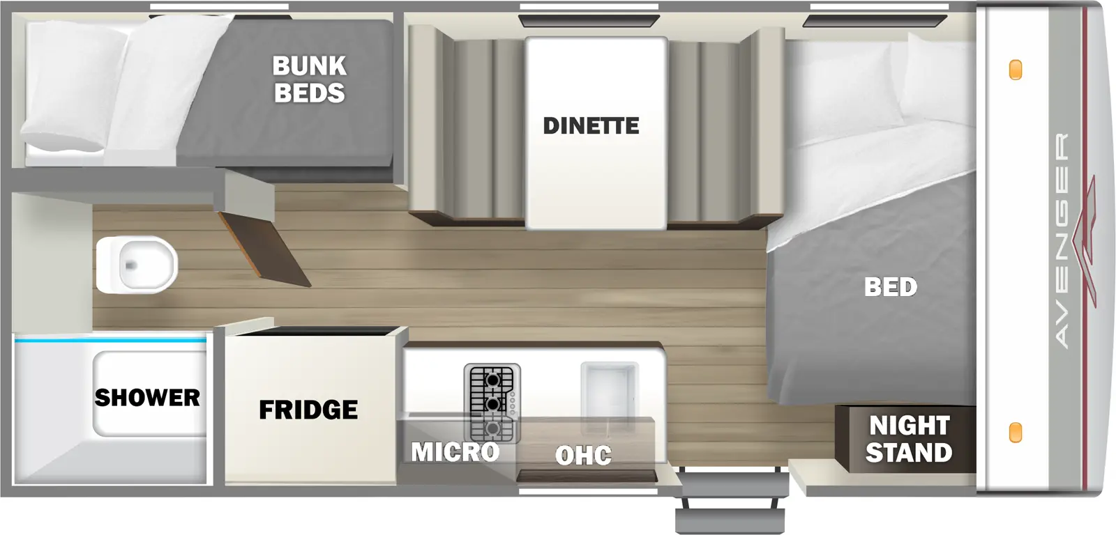 The 16BH has zero slideouts and one entry. Interior layout front to back: side-facing bed with night stand; off-door side dinette; door side entry, kitchen counter with sink, overhead cabinet, microwave, cooktop and refrigerator; rear off-door side bunk beds; rear door side bathroom with shower and toilet only.